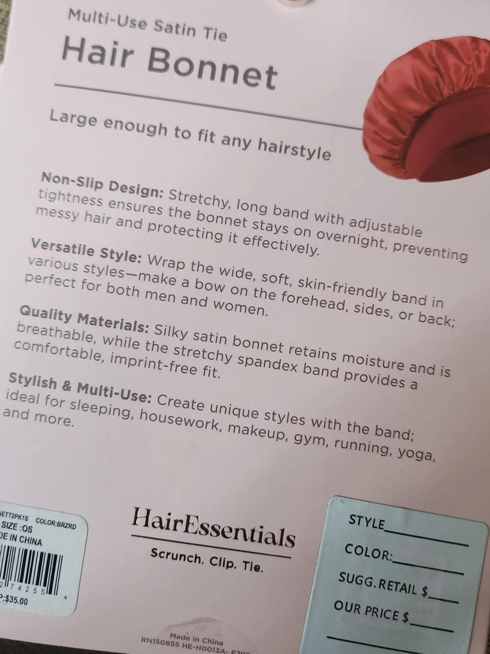 Essentials Satin Hair Bonnet Set - Red & Cream (2 Pack)